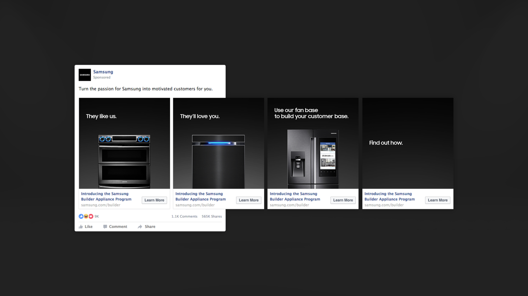 Black screen mockups showing a sleek website interface for Samsung Appliances