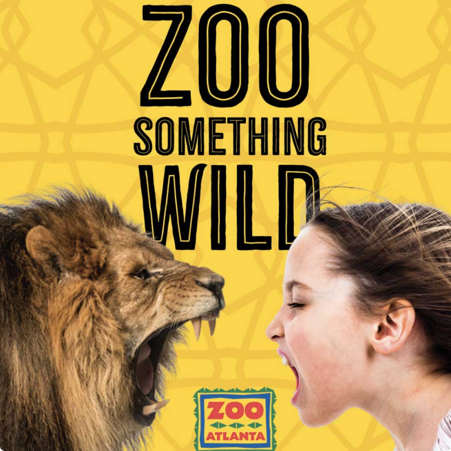 Graphic with text “ZOO Something Wild,” showing a lion on the left and a girl on the right.