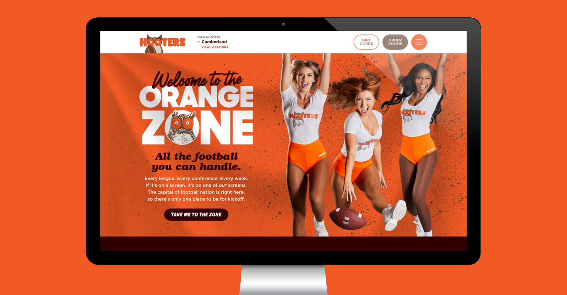 A landing page titled “Welcome to the Orange Zone,” featuring Hooters girls jumping up and down.