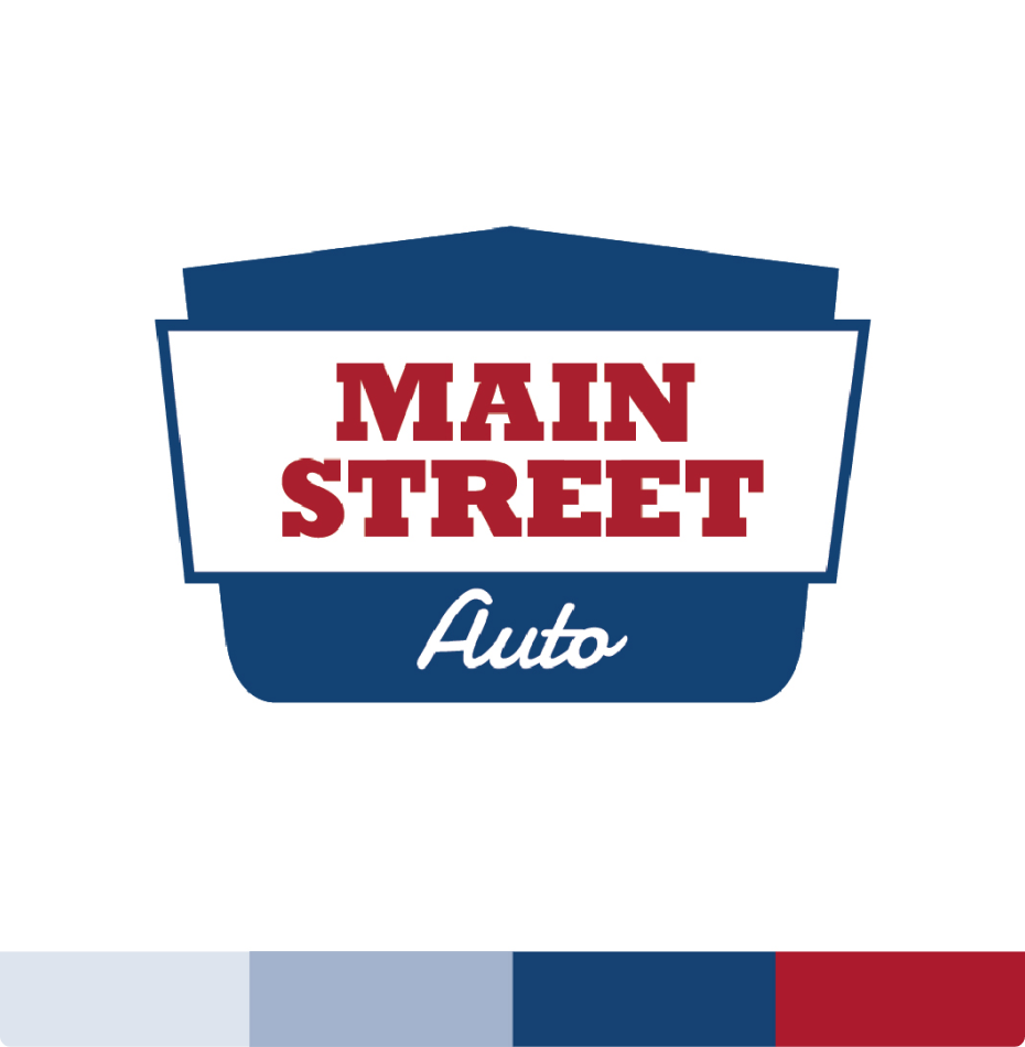 Main Street Auto logo in a shield shape, red and blue text on a white background.