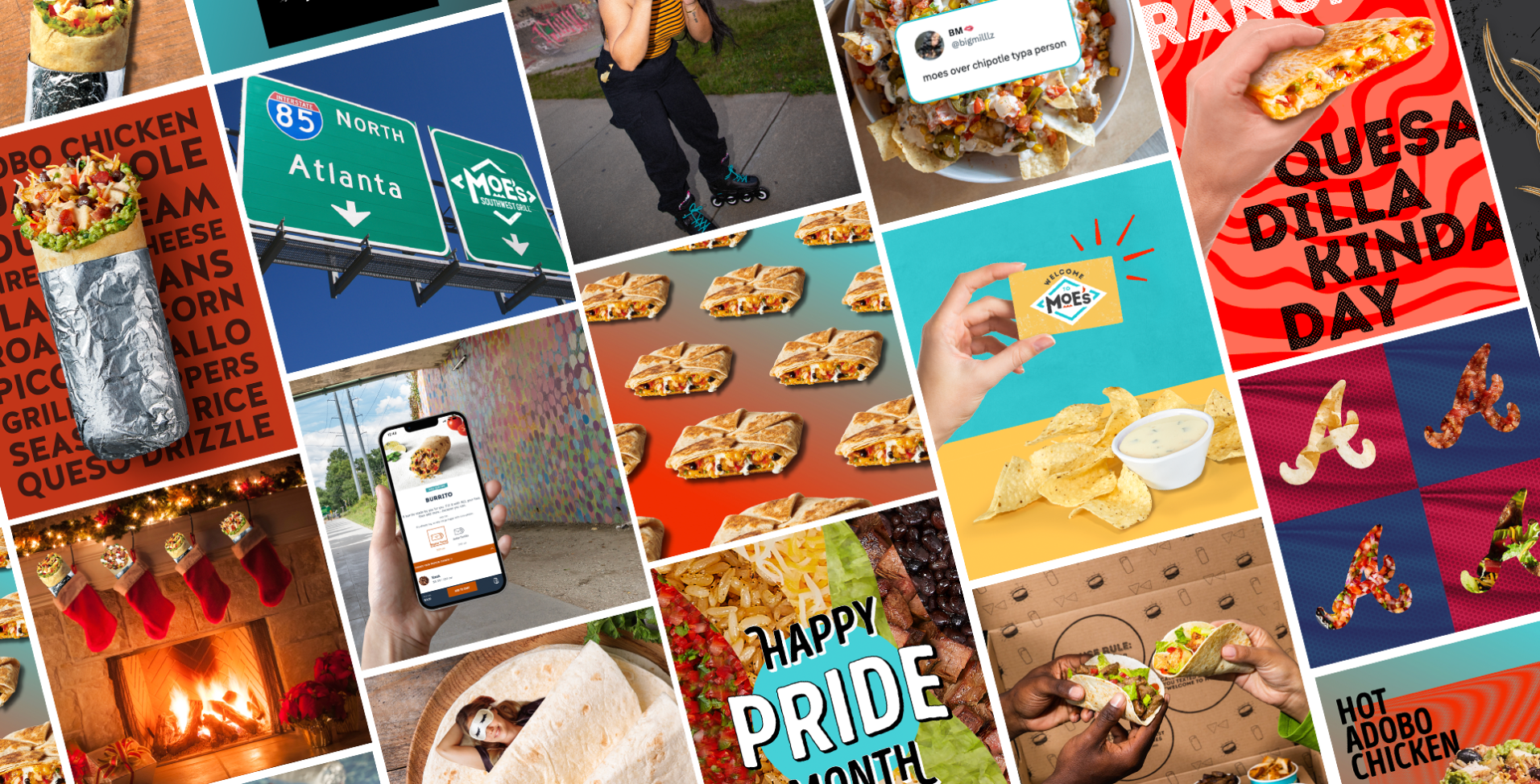 Collage of social posts featuring tacos and burritos from a Moe’s‐branded campaign.