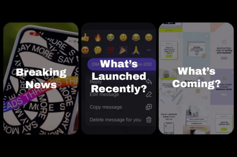 Smartphone mockups with captions like “What’s Launched Recently?” in a dark UI.