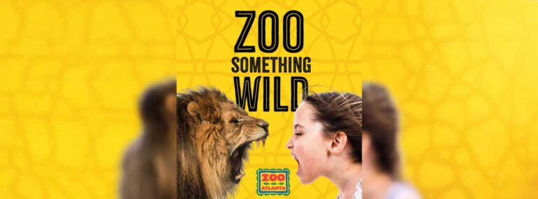 Graphic with text “ZOO Something Wild,” showing a lion on the left and a girl on the right.