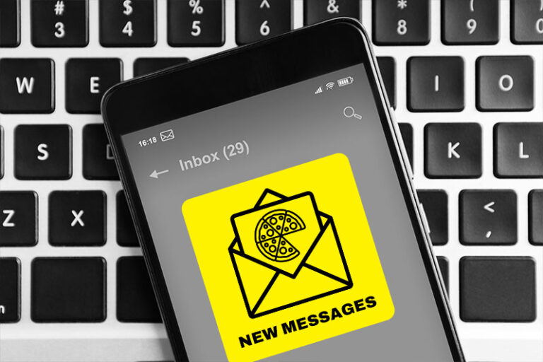 Smartphone screen displaying an envelope icon with a pizza icon inside and text “New Messages.”