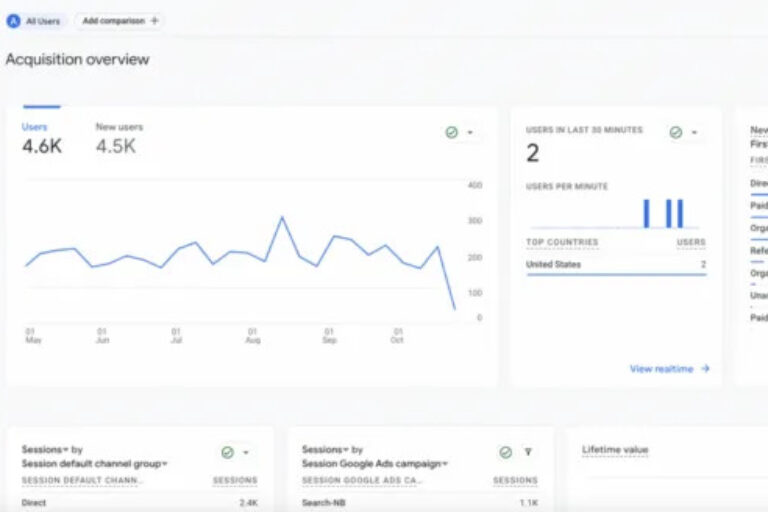 Website view of analytics graphs, charts, and data tables.